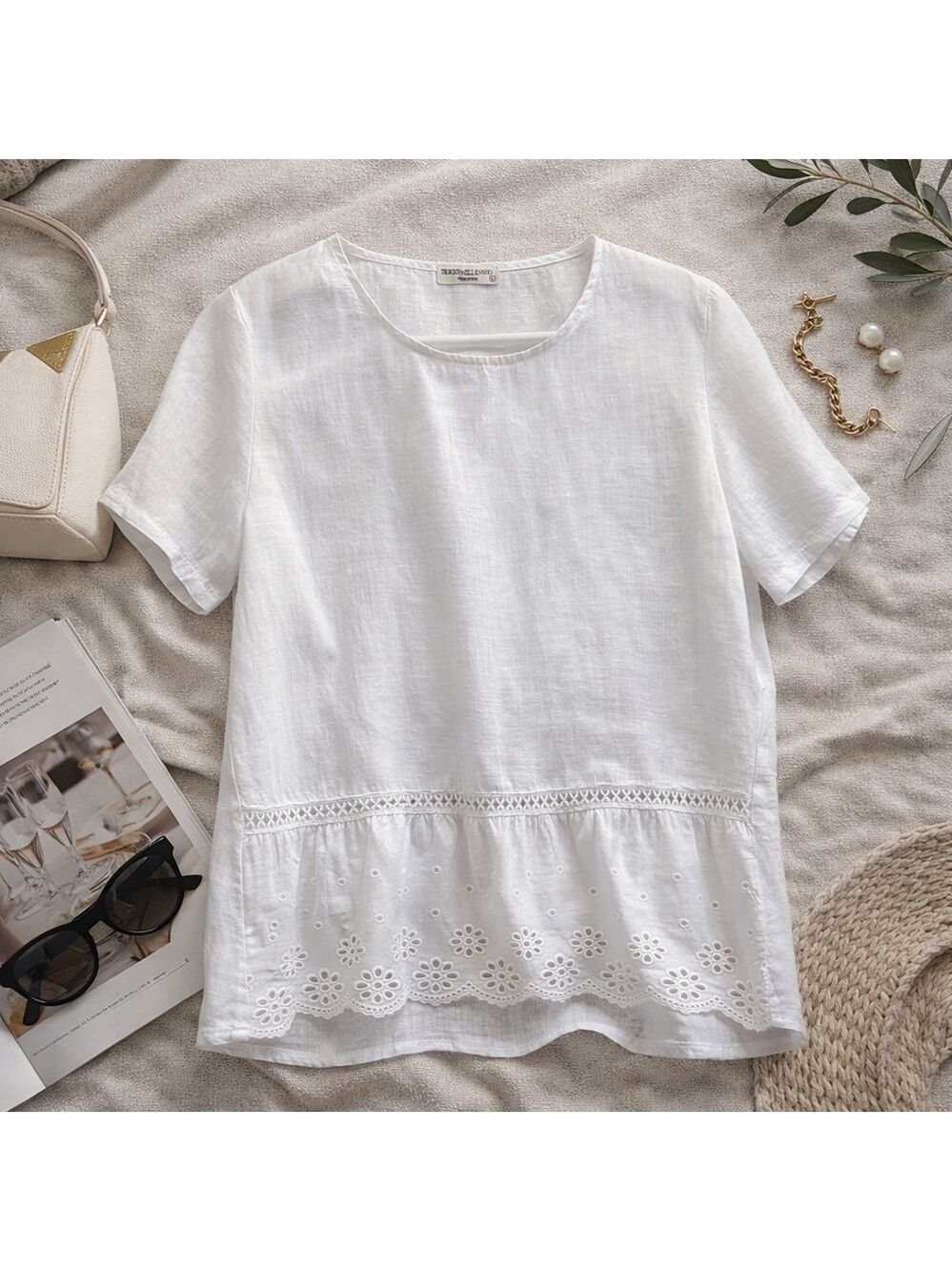 Terzo Millennio Italian Linen Blouse 100% Linen White Eyelet Hem L